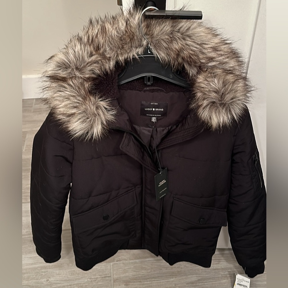 Lucky Brand Women’s Snorkel Hooded Bomber Jacket Black Size M NWT